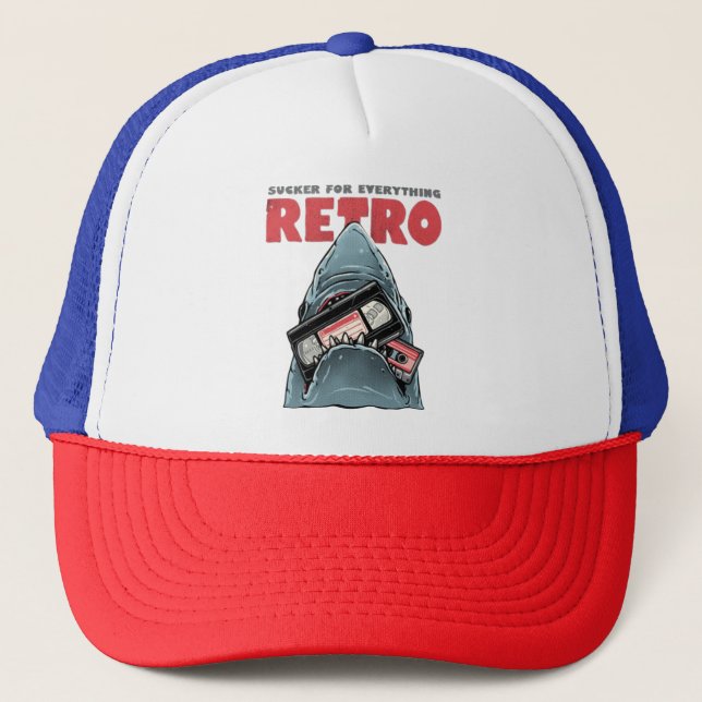 Retro Shark VHS Cassette Tape Funny 80s Nostalgia Trucker Hat (Front)