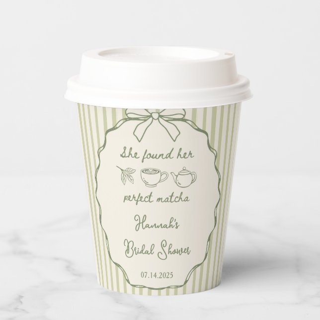 Retro She Found Her Perfect Matcha Bridal Shower Paper Cups (Front)
