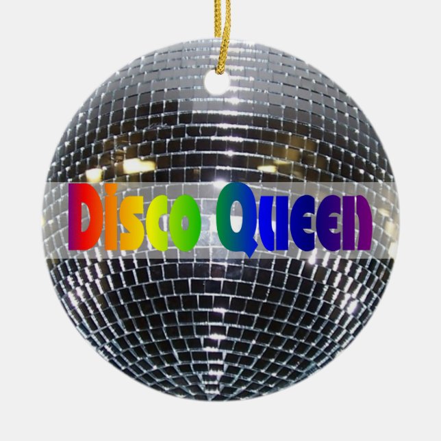 Retro Shiny Silver Disco Ball Rainbow Disco Queen Ceramic Ornament (Front)
