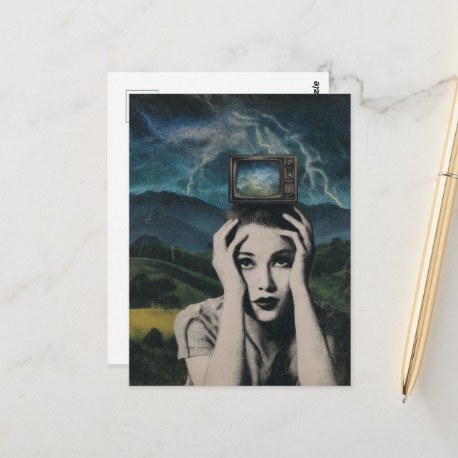 Retro Shocking Television Woman surreal Postcard (Front/Back In Situ)