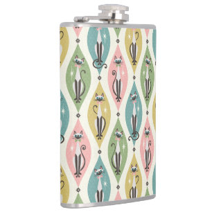 Retro Siamese Cats and Starbursts On Lozenges Hip Flask