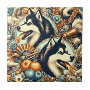 Retro Siberian Husky Illustration Ceramic Tile