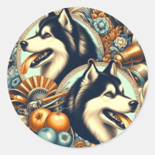 Retro Siberian Husky Illustration Classic Round Sticker