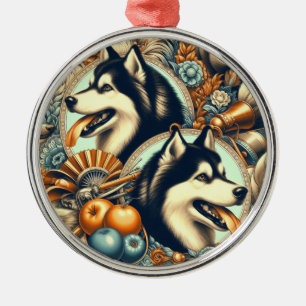 Retro Siberian Husky Illustration Metal Ornament