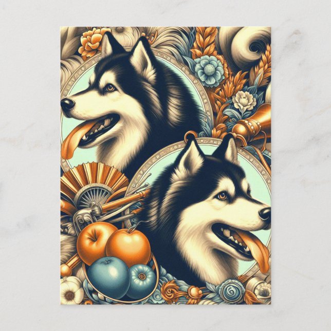 Retro Siberian Husky Illustration Postcard (Front)
