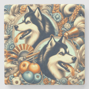 Retro Siberian Husky Illustration Stone Coaster