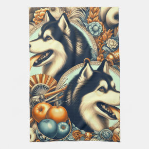 Retro Siberian Husky Illustration Tea Towel