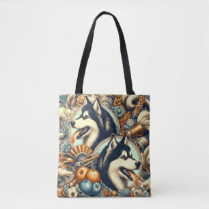 Retro Siberian Husky Illustration Tote Bag