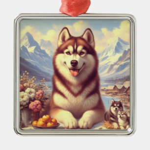 Retro Siberian Husky Painting Metal Ornament