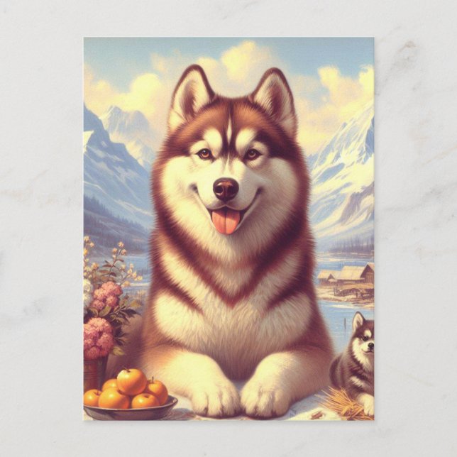 Retro Siberian Husky Painting Postcard (Front)
