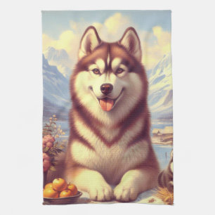 Retro Siberian Husky Painting Tea Towel