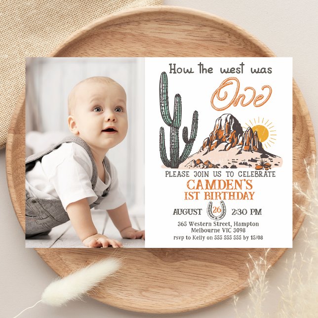 Retro Side Photo How The West Was One 1st Birthday Invitation (How The West Was One 1st Birthday Invitation with Photo, Boys Wild West 1st Birthday Invite, Western)