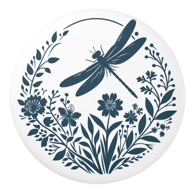 Retro Silhouette Dragonfly with Flowers Ceramic Knob (Front)