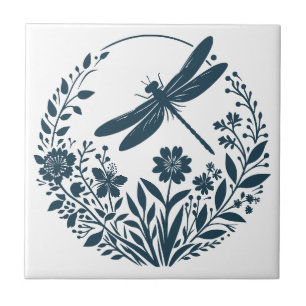 Retro Silhouette Dragonfly with Flowers Ceramic Tile