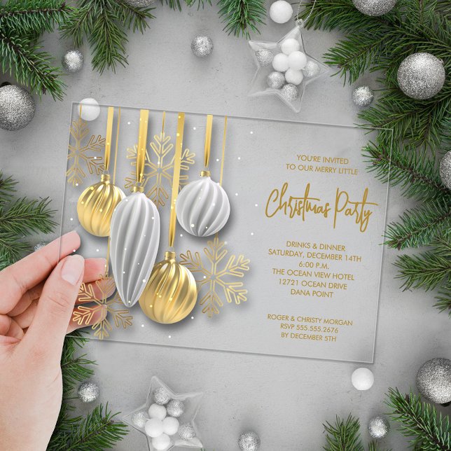 Retro Silver and Gold Ornaments Christmas Party Acrylic Invitations (Retro silver and gold tree ornaments ACRYLIC Christmas party invitations)