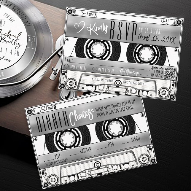 Retro Silver Cassette Tape Wedding Invitation RSVP (Retro music black & silver vinyl record album cassette tape wedding invitation RSVP dinner choices)