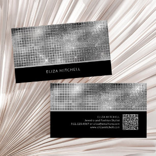 Retro Silver Grey Disco Ball Mirror   QR Code Business Card