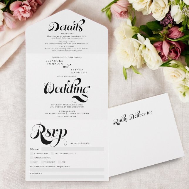 Retro  simple black white script chic wedding all in one invitation (Retro simple black white script chic wedding all in one invitation)