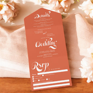 Retro simple orange white script chic wedding all in one invitation