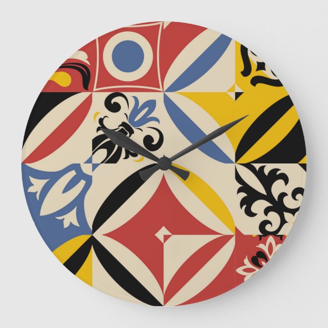 Retro Sixties Azulejos Geometric Pattern Large Clock (Front)