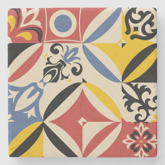 Retro Sixties Azulejos Geometric Pattern Stone Coaster (Front)