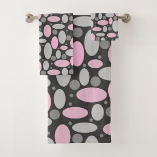 retro, sixties, polka dots, grey and pink bath towel set