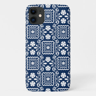 retro sixties white blue floral pattern iPhone 11 case