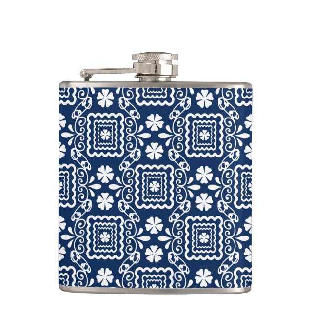 retro sixties white blue floral pattern hip flask (Front)