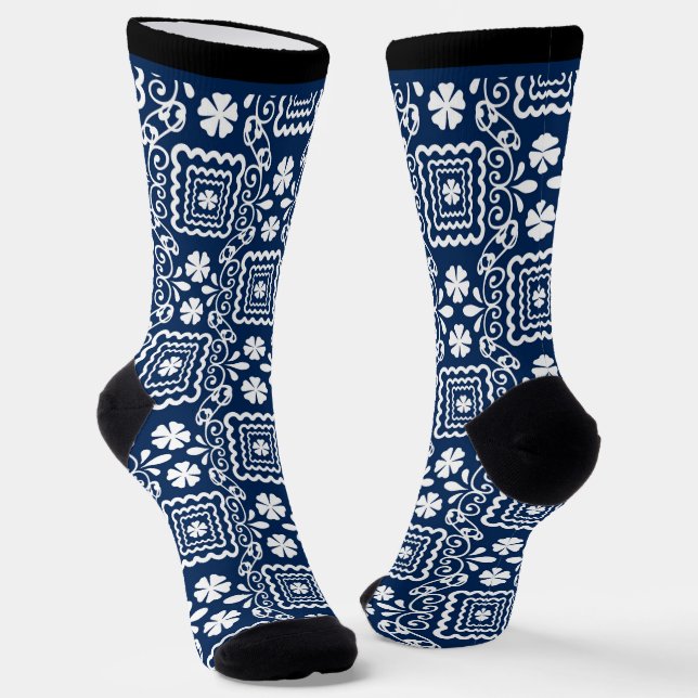 retro sixties white blue floral pattern socks (Angled)