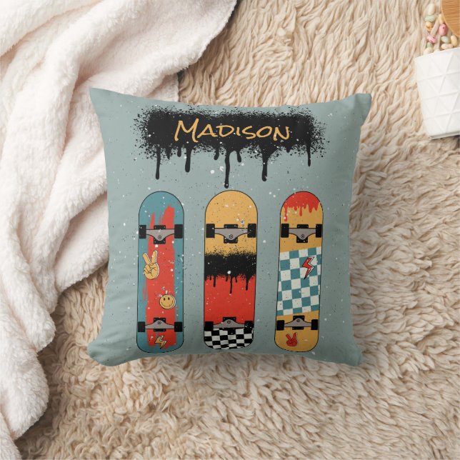 Retro Skateboard Blue Cool Custom Name Cushion (Blanket)