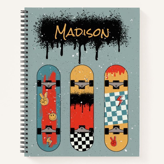 Retro Skateboard Blue Cool Custom Name Notebook (Front)
