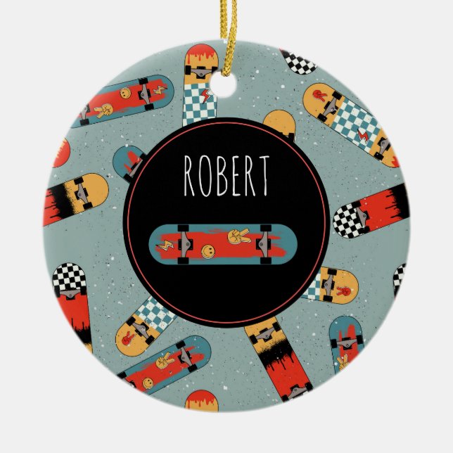 Retro Skateboard Blue Cool Kids Ceramic Ornament (Front)