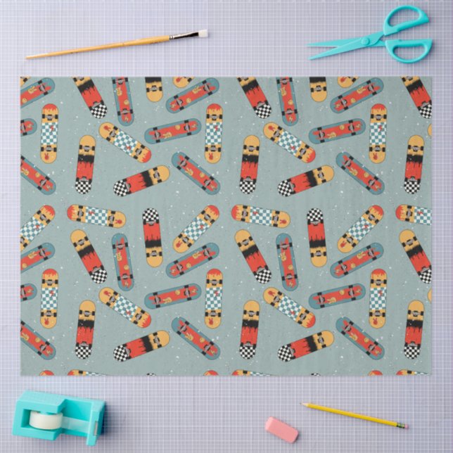 Retro Skateboard Blue Cool Pattern Tissue Paper (Craft)