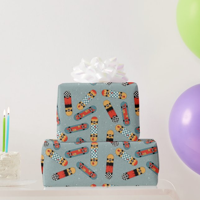 Retro Skateboard Blue Cool Pattern Wrapping Paper (Party Gifts)