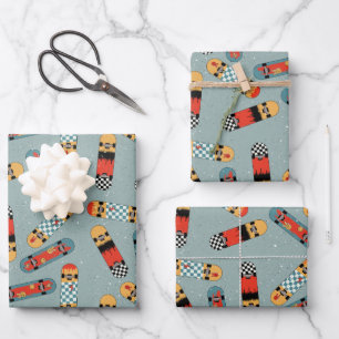 Retro Skateboard Blue Cool Pattern Wrapping Paper Sheet