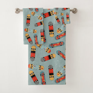 Retro Skateboard Blue Cool Seamless Pattern Bath Towel Set