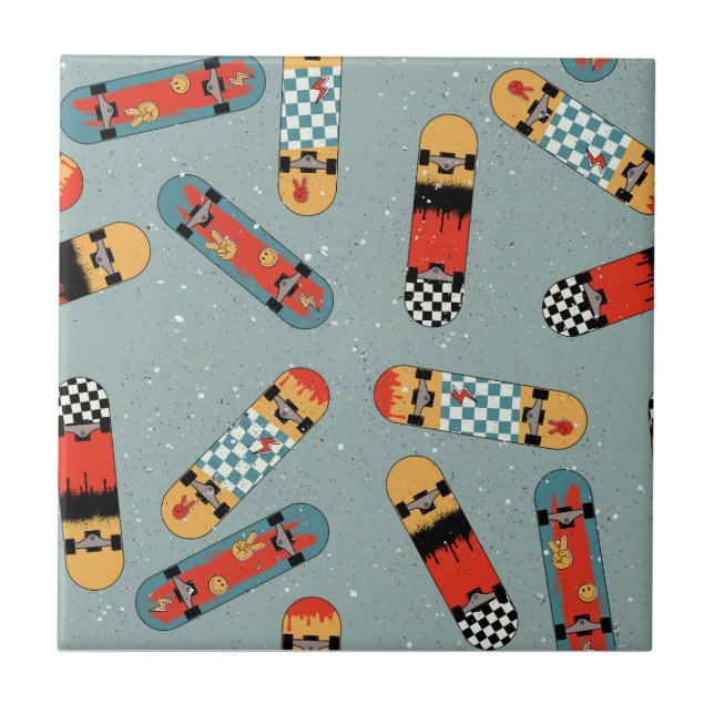 Retro Skateboard Blue Cool Seamless Pattern Ceramic Tile (Front)