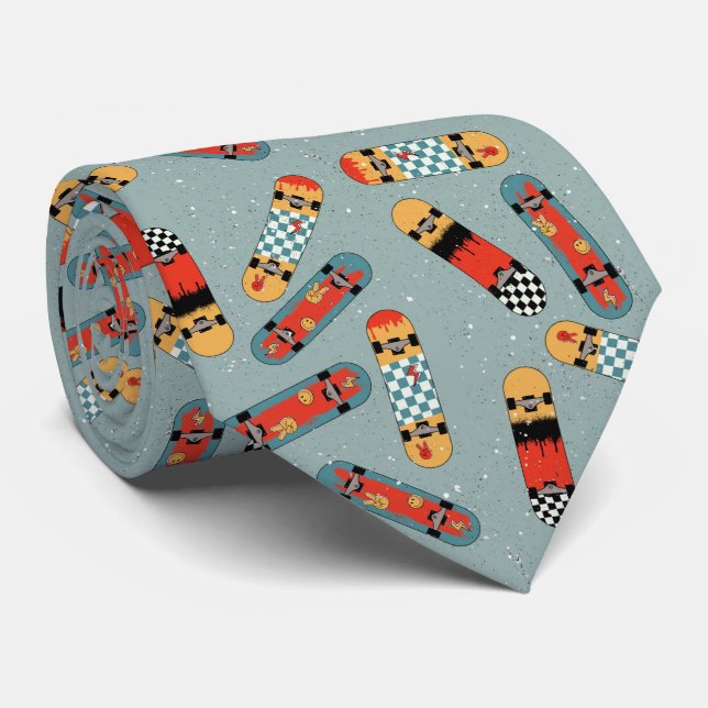 Retro Skateboard Blue Cool Seamless Pattern Tie (Rolled)
