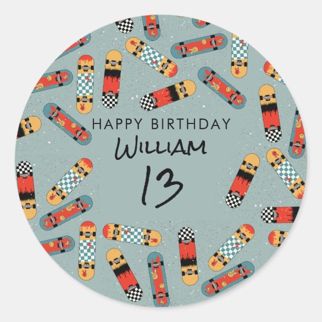 Retro Skateboard Blue Cool Skateboarding Birthday Classic Round Sticker (Front)