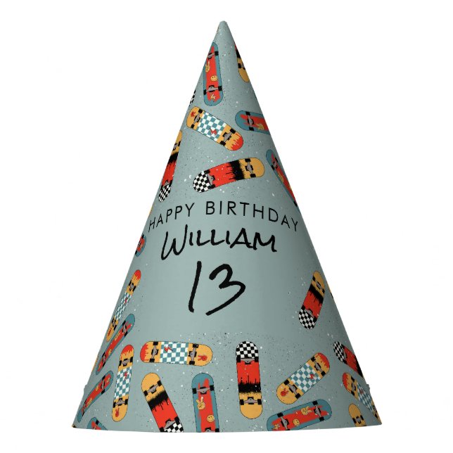 Retro Skateboard Blue Cool Skateboarding Birthday Party Hat (Front)