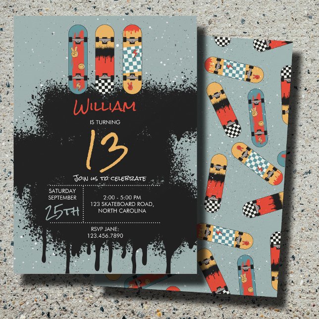 Retro Skateboard Blue Cool Spray Paint Birthday Invitation (Retro Skateboard Blue Cool Spray Paint Birthday Invitation)