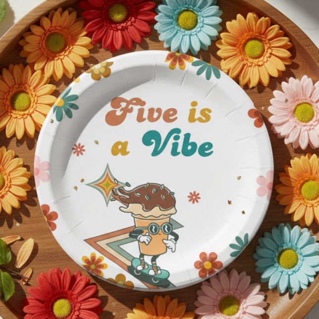 Retro skateboard FIVE is a Vibe 5th Birthday  Paper Plate (Creator Uploaded)