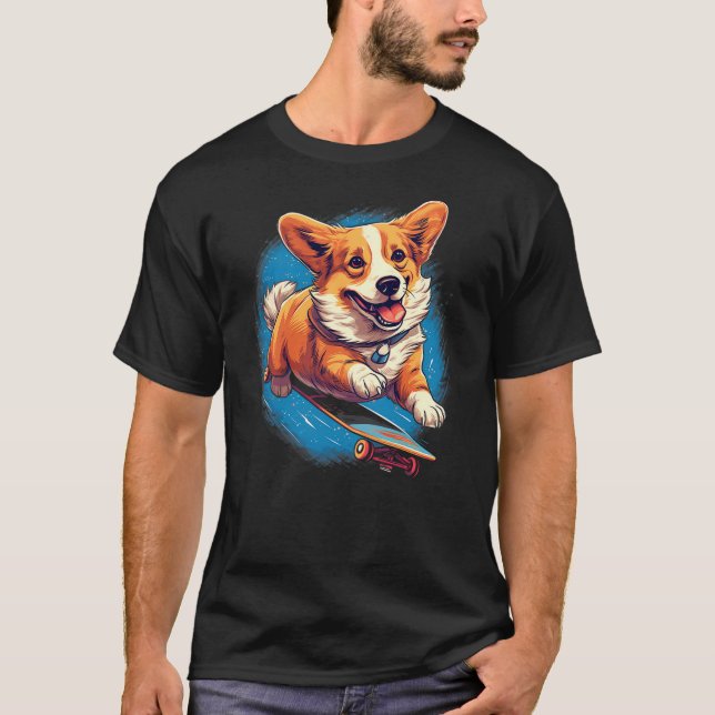 Retro Skateboarding Corgi Dog Skateboard T-Shirt (Front)