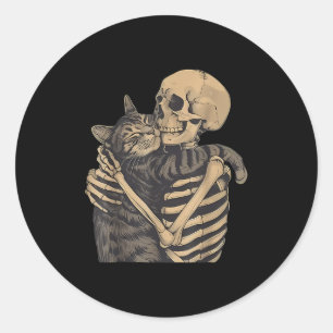 Retro Skeleton Hugging Cat For Cat Lovers Hallowee Classic Round Sticker