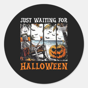 Retro Skeleton Summer Beach Just Waiting For Hallo Classic Round Sticker