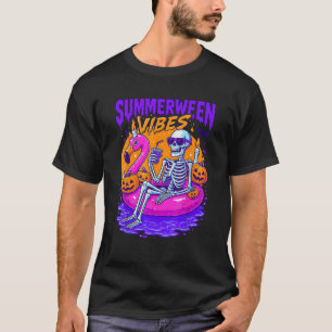 Retro Skeleton Summerween Vibes Beach Flamingo Hal T-Shirt