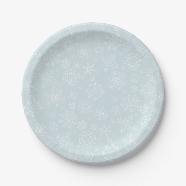 Retro Sketch Frozen Snowflakes on Ice Blue Paper Plate (Front)