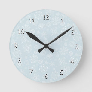 Retro Sketch Frozen Snowflakes on Ice Blue Round Clock
