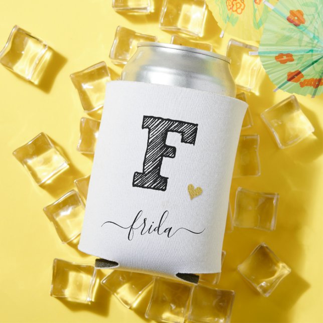 Retro Sketch Monogram Letter F, Can Cooler (In Situ Summer)