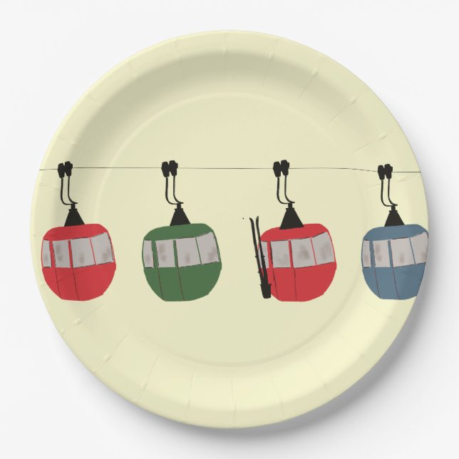 Retro Ski Gondola Lift Skiers Cream Paper Plate (Front)